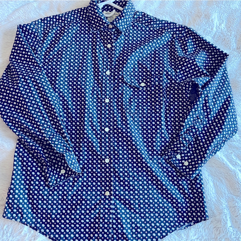 Eddie Bauer crisp men's button-up long sleeve small blue print
